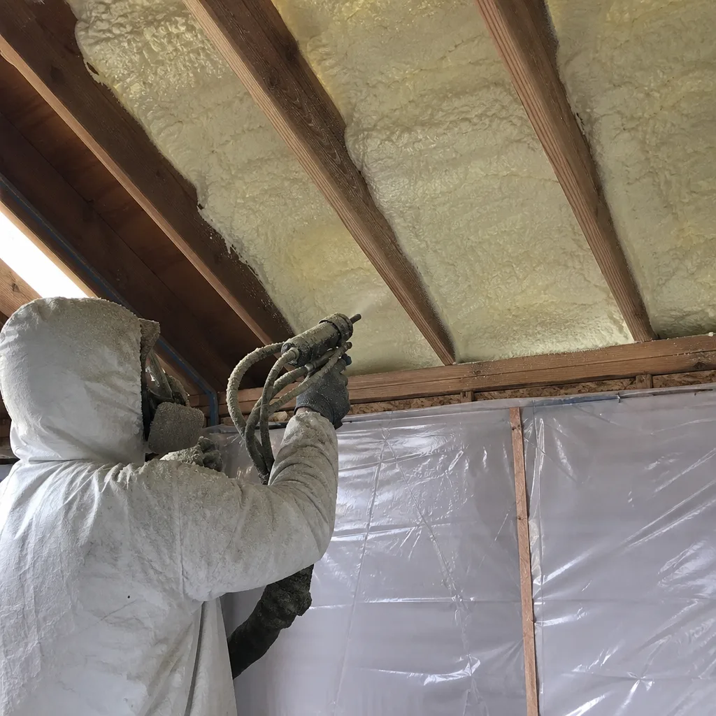 Contractor applying professional spray foam insulation to attic roof rafters