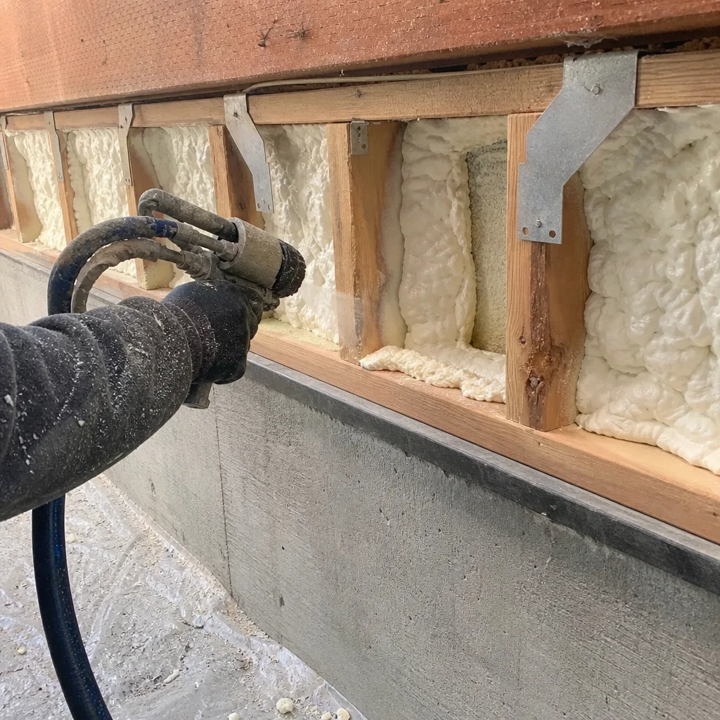 Professional contractor applying spray foam insulation to residential wall framing